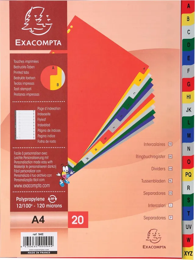 Exacompta tabbladen voor ft A4, uit PP, van A tot Z, 20 tabs, met indexblad, geassorteerde kleuren zwart