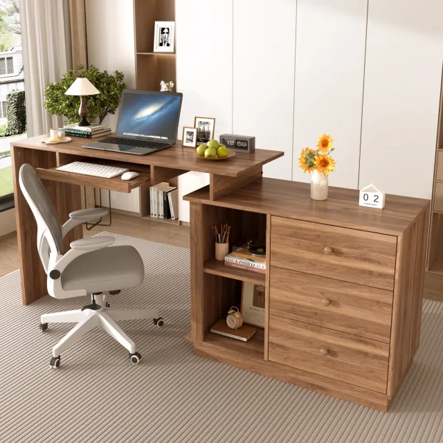 Wishdor Uitschuifbaar computerbureau met 3 laden - Toetsenbordlade en open vakken - Kabeldoorvoer en ventilatie - Scandinavisch - Werkkamer slaapkamer - MDF - Walnootkleur Bruin