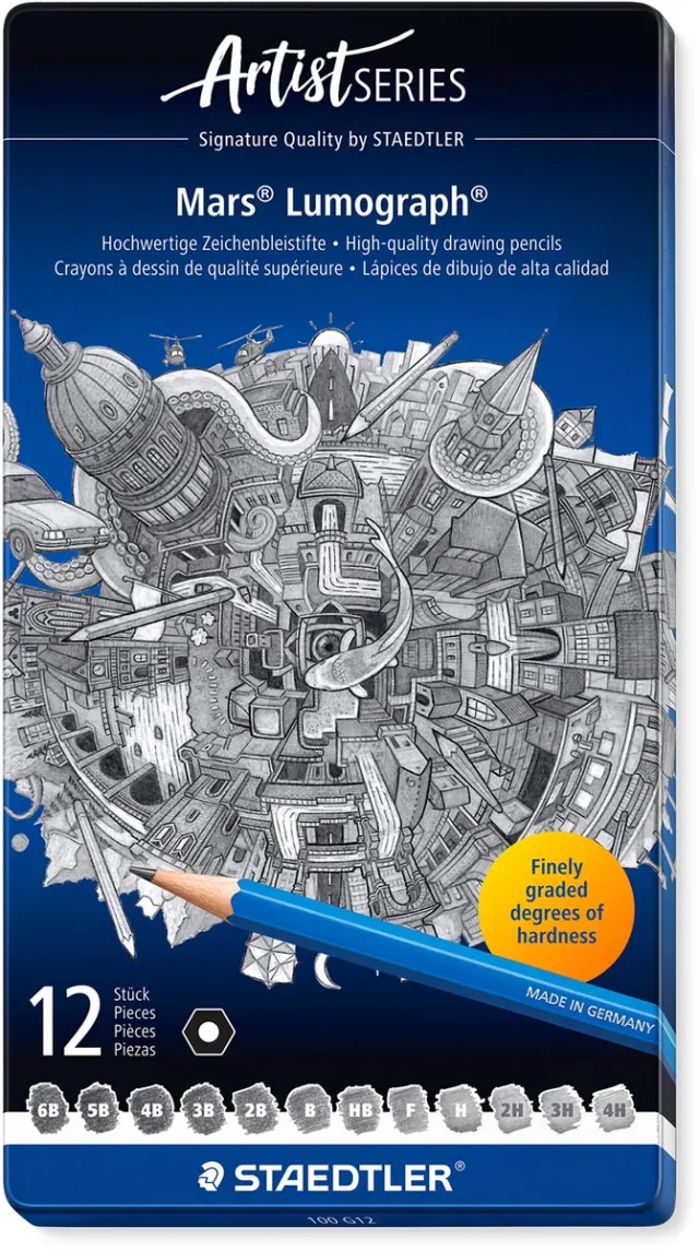 Staedtler Potlood Mars Lumograph 12 stuks: 6B-5B-4B-3B-2B-B-HB-F-H-2H-3H-4H grijs