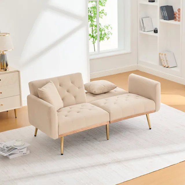 DESMIU Slaapbank 165 Cm - 2-Zits Met Verstelbare Rugleuning En Kussens - Voor Woonkamer En Logeerkamer - Fluweel - Beige