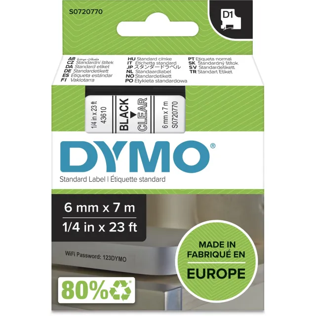 Dymo D1 tape 6 mm, zwart op transparant
