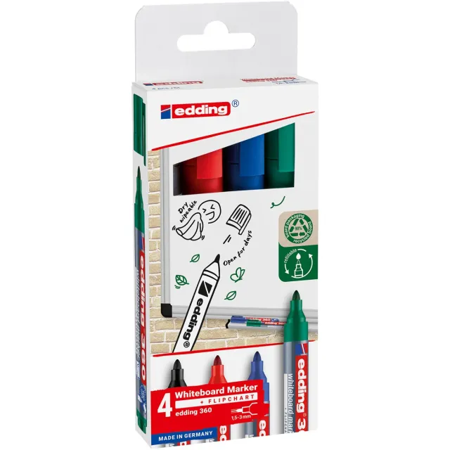 Edding whiteboard marker 360, geassorteerde kleuren, blister van 4 stuks blauw