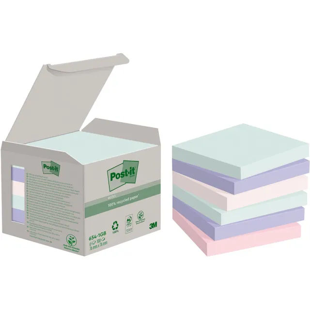 Post-it recycled notes Nature, 100 vel, ft76 x 76 mm, pak van 6 blokken, geassorteerde kleuren blauw