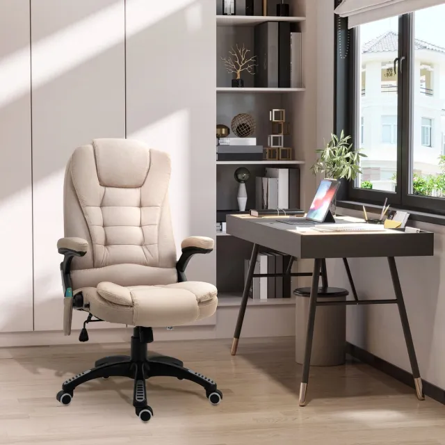 FloraGrace Bureaustoel – Massage en Verwarming – Hoogteverstelbaar en Kantelbaar – Met Hoofsteun, Armleuningen en Wielen – Voor Thuiswerk en Kantoor – Stof – Bruin Brown