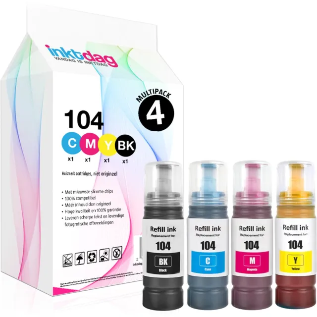 inktdag huismerk inkt - Epson Ecotank 104 - Zwart en kleur - 70ML ET-2700, ET-2712, ET-2714, ET-2715, ET-2720, ET-2721, ET-2726, ET-2810, ET-2812, ET-2814, ET-2815, ET-2820, ET-2825, ET-4700, ET-4800 Epson 104 Zwart x 1