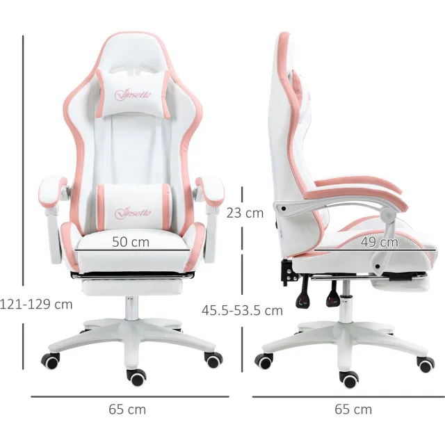 MUVANO Gamingstoel met voetensteun - PU-kunstleer - Verstelbare rugleuning - 65 x 65 x 121-129 cm - In hoogte verstelbaar - Voor gamen en thuiswerken - Wit en roze