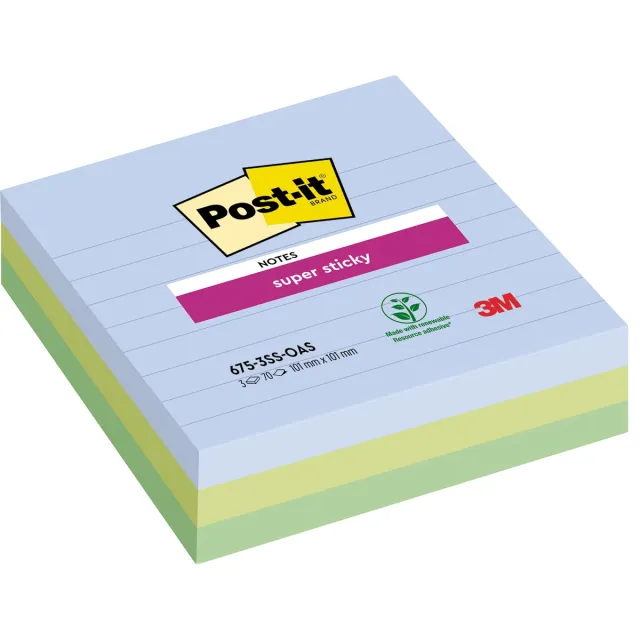 Post-it Super Sticky notes XL Oasis, 70 vel, ft 101 x 101 mm, gelijnd, assorti, pak van 3 blokken blauw