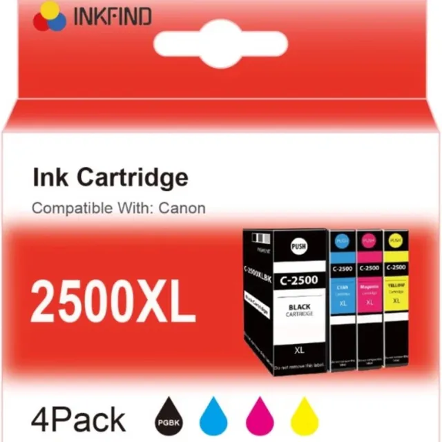 INKFIND PGI-2500XL inktcartridge geschikt voor CanonPGI2500XL Canon PGI-2500XL Canon PGI2500 Canon2500 Canon 2500 (1 x Zwart, 1 x Cyaan, 1 x Magenta, 1 x Geel) Multipack 4 stuks voor Canon Maxify IB4050 IB4150 MB5050 5150 MB5155 MB5350 MB5450 MB5455 Zwart x 1, Cyaan x 1, Magenta x 1, Geel x 1