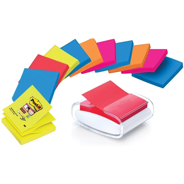 Post-it Super Sticky Z-notes dispenser Pro Color wit, voor ft 76 x 76 mm, inclusief 12 blokken van 90 vel
