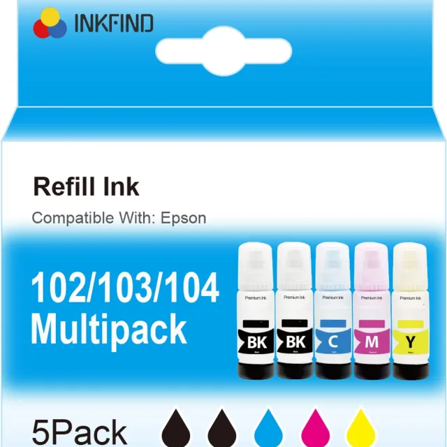 INKFIND 102 103 104 inkt geschikt voor Epson102 Epson104 Epson 104 inktfles 5 stuks (2 x Zwart, 1 x C, 1 x M, 1 x G) voor Epson EcoTank ET-2710/2711/2720/2726/4700/4800 Epson Ecotank ET-2950/ET-3950/ET-4950 Epson EcoTank ET-2700/2750/3700/3750/4750 70ml Zwart x 2, 70ml Cyaan x 1, 70ml Magenta x 1, 70ml Geel x 1