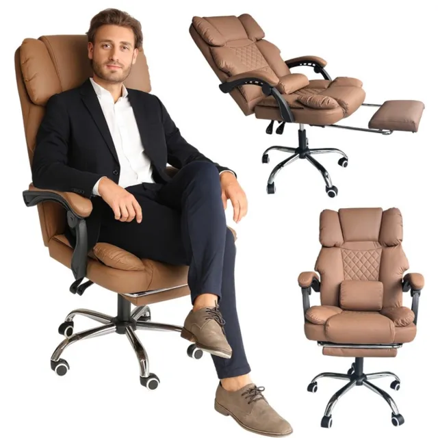 kenz Luxe Bureaustoel - Bruin - met Voetensteun, Hoofdkussen en Massagekussen - 74 x 32,5 x 59 cm - Eco-Leer - Modern - Draaibaar