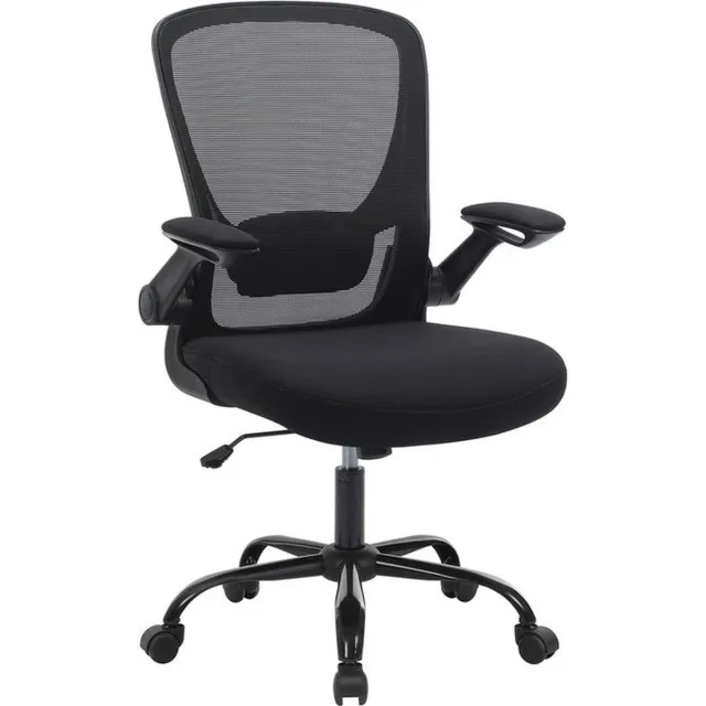 FurnStar Bureaustoel - Bureaustoel Met Mesh Rugleuning - Ergonomische Computerstoel - Met Verstelbaar Lendensteunkussen - Schommelfunctie - 53 cm Brede Zitting - Opklapbare Armleuningen - Zwart Kunststof