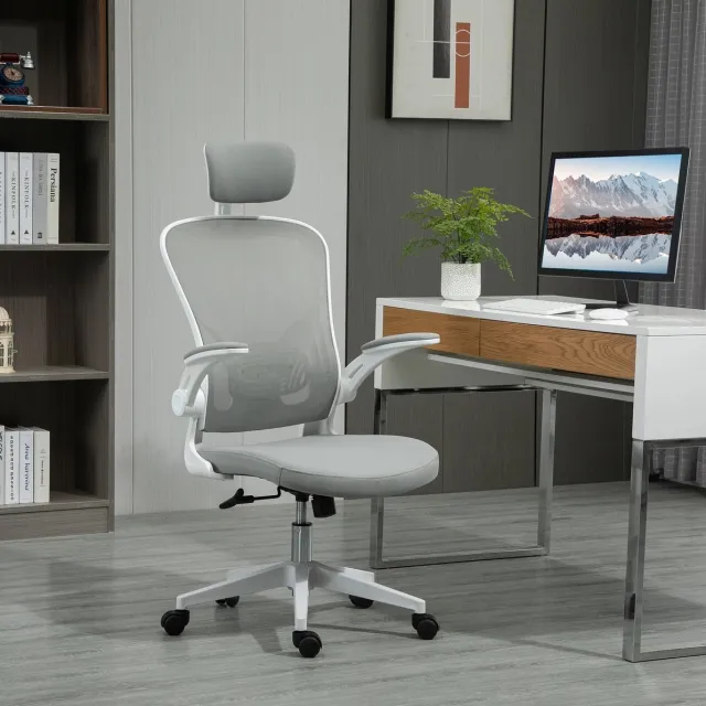 MIVRAY Bureaustoel 65 x 64 x 114-122 cm - Ergonomisch Met Hoofdsteun En Wippfunctie - Voor Kantoor En Thuiswerkplek - Kunststof En Netstof Grijs