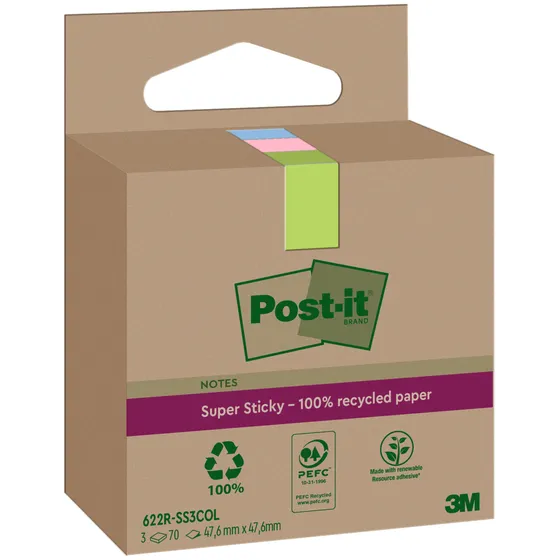 Post-It Memoblok 3M Post-it 622 RSS3COL 47.6x47.6mm assorti kleur 3 stuks