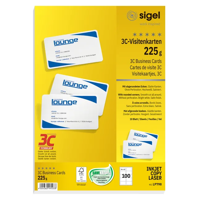 Sigel Visitekaart Sigel 85x55mm blanco 225gr ronde hoeken wit 100 stuks