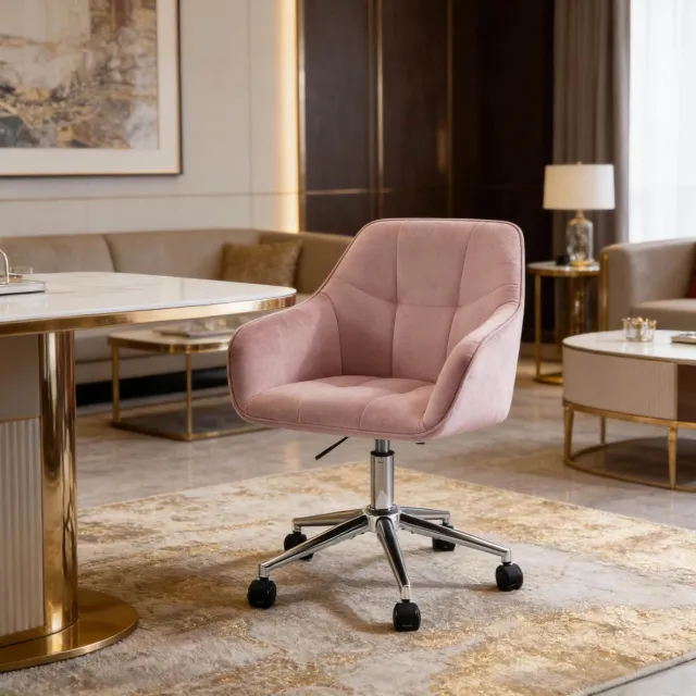 REDOM Bureaustoel - Met vaste armleuningen - Verstelbare zithoogte en 360° draaibaar - Met wielen - Velours - Kantoor en thuiswerkplek - Metaal - Roze - 56 x 61 x 90 cm Pink