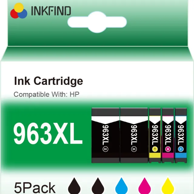 INKFIND 963XL inkt cartridges voor HP 963 HP963 XL HP963 HP 963XL 3YP35AE 3JA30AE 3JA27AE 3JA28AE 3JA29AE inkt van 5 stuks (2 x Zwart, 1 x Cyaan, 1 x Magenta, 1 x Geel) voor HP OfficeJet Pro 9010, 9014, 9012, 9020, 9025, 9015, 9016, 9019, 9022, 9018 Zwart x 2, CYAAN x 1, MAGENTA x 1, GEEL x 1
