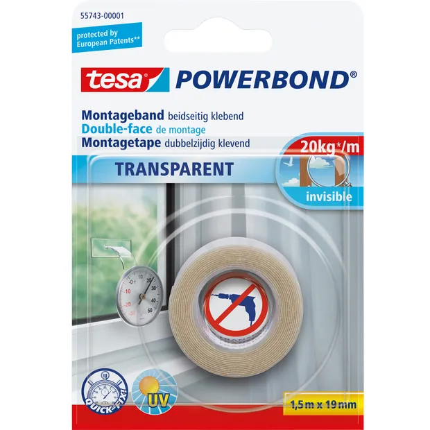 Tesa Montagetape tesa® Powerbond dubbelzijdig 1,5mx19mm transparant