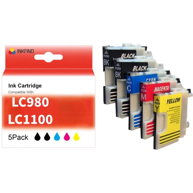 INKFIND LC980 LC1100 inktcartridge voor Brother LC980 LC1100 LC-980 LC-1100 inktcartridge multipack 5 stuks (Zwart x 2, Cyaan x 1, Magenta x 1, Geel x 1)