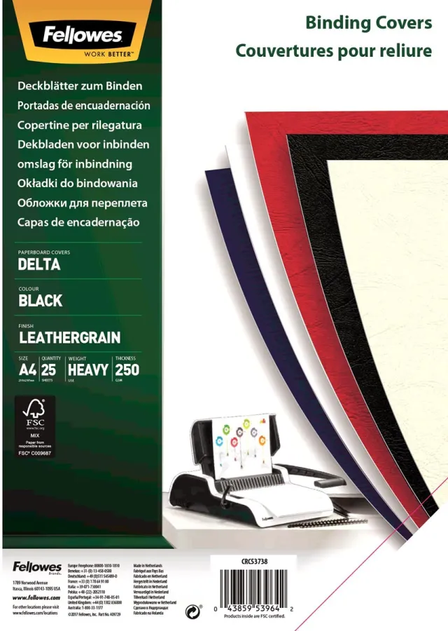 Fellowes schutbladen lederlook ft A4, 180micron, zwart, pak van 25 stuks