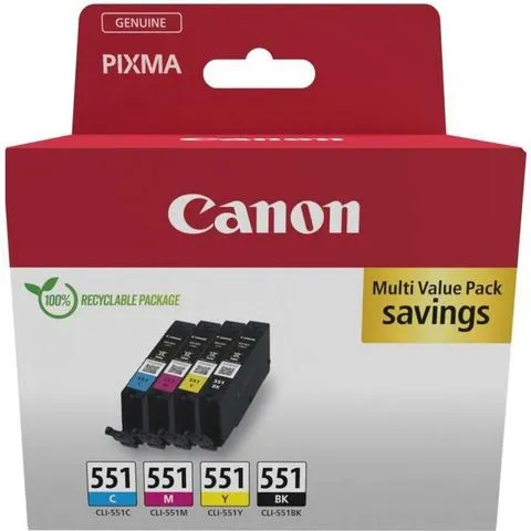 Canon inktcartridge CLI-551, 300-500 pagina's, OEM 6509B016, 4 kleuren Zwart;Cyaan;Magenta;Geel