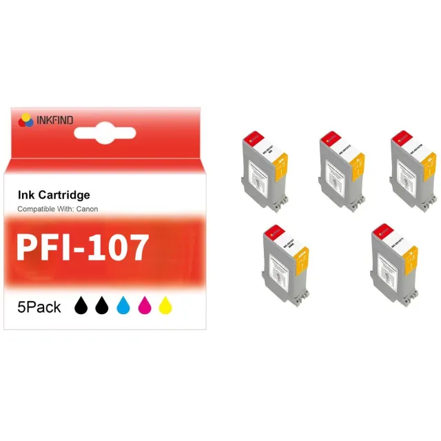 INKFIND PFI-107 inkt cartridge van 5 stuks multipack (Zwart, Mat Zwart, Cyaan, Magenta, Geel) geschikt voor PFI107 PFI-107 Canon imagePROGRAF IPF670, 680, IPF770, 780, IPF685, 785, IPF670 L24, IPF670, IPF680, IPF770, L36, IPF780 M40, IPF780, IPF785 1 x Zwart, 1 x Matte Zwart, 1 x Cyaan, 1 x Magenta, 1 x Geel