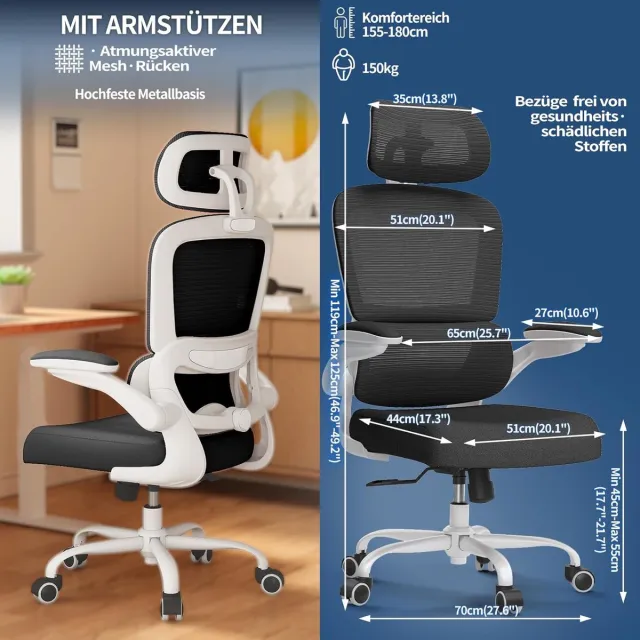 House&Garde Ergonomische Bureaustoel – House&Garden Arctic Air Pro Wit/Zwart – Verstelbare Hoofdsteun & Lendensteun – Mesh Kantoorstoel – Gaming Stoel – Computerstoel – Bureaustoel 150 kg – Ergonomische Thuiswerkstoel voor Kantoor & Home Office