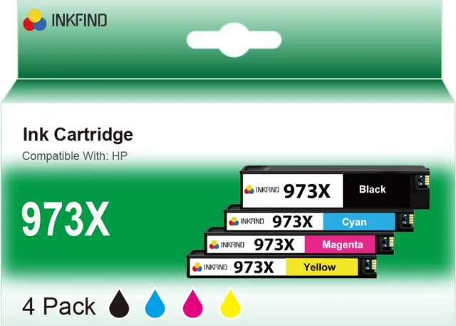 INKFIND 973X Inktcartridges geschikt voor HP 973 HP973 HP973X HP 973X HP973XL HP 973XL Multipack van 4 stuks (1 x Zwart, 1 x Cyaan, 1 x Magenta, 1 x Geel) voor HP Pagewide Pro 452dn, 452dw, 477dn, 477dw, 477dwt, 552dw, 577dw, 577z Zwart x 1, Cyaan x 1, Magenta x 1, Geel x 1