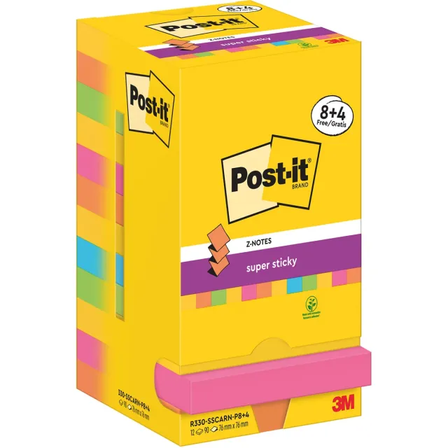 Post-it Super Sticky Z-Notes Carnival, 90 vel, ft 76 x 76 mm, 8 + 4 GRATIS