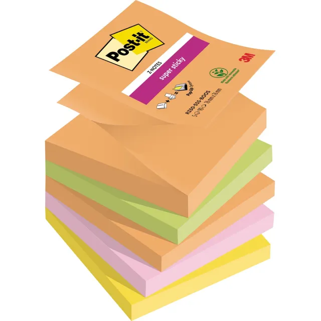 Post-it Super Sticky Z-notes Boost, 90 vel, ft 76 x 76 mm, geassorteerde kleuren, pak van 5 blokken geel