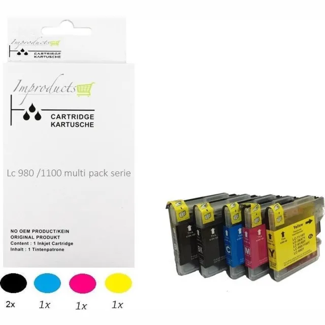 Improducts Inkt cartridges - Alternatief Brother LC980 LC1100 / LC-980 LC-1100 5 Stuks v5 Multicolor - Zwart (2x), Cyaan, Magenta, Geel