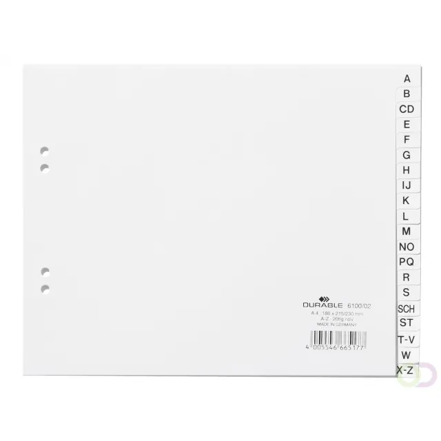 Durable Tabbladen A4 20-delig bedrukte tabs A-Z (Duits) deels voorbl PP wit