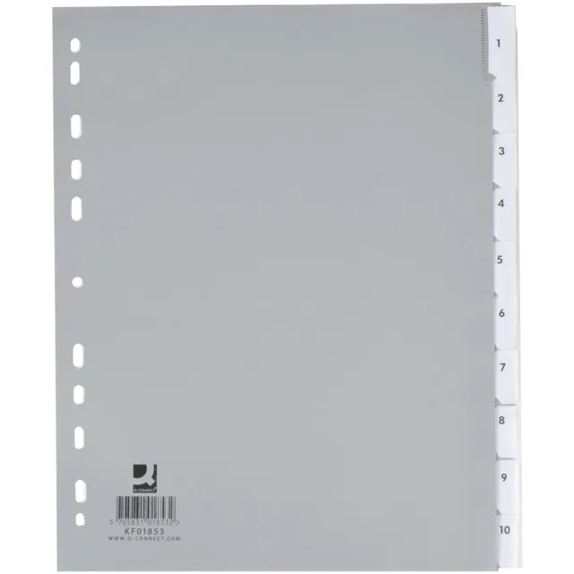 Q-CONNECT tabbladen, A4, PP, 11-gaatsperforatie, 10 tabs, grijs
