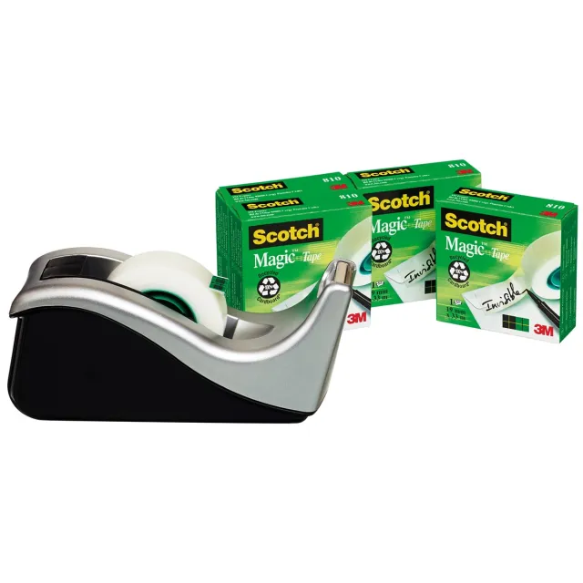 Scotch plakbandafroller C60 zilver + 4 rollen Magic Tape zwart