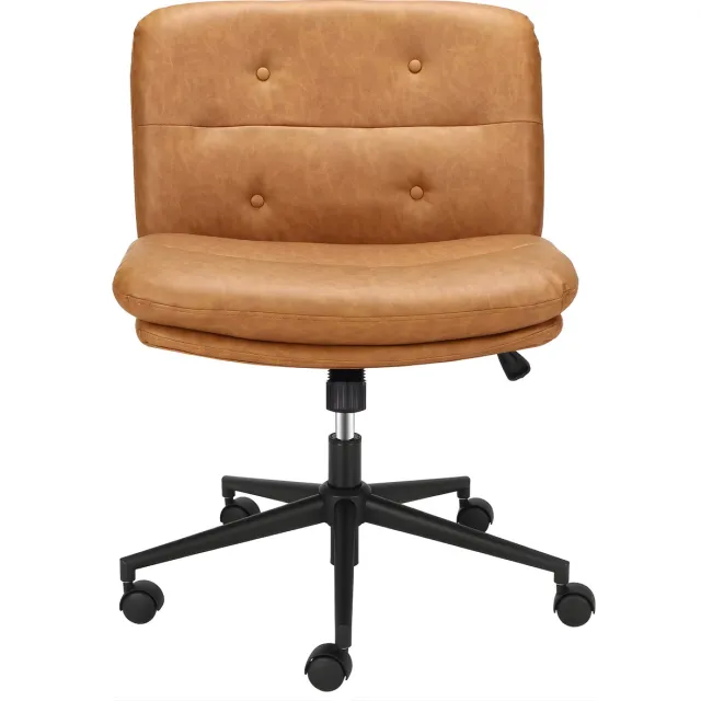 Happiq Armloze Bureaustoel met Wielen - Voor Thuiskantoor & Make-up - Ergonomische Middenrugstoel met Brede Zitting, 360° Draaibaar - PU Gewatteerd - Bruin Brown