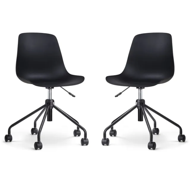 Nolon Nout-Pip Bureaustoelen Set van 2 Zwart - Kunststof Zitting - Verstelbaar - Wieltjes - Zwart Onderstel Zwart - Zwart onderstel