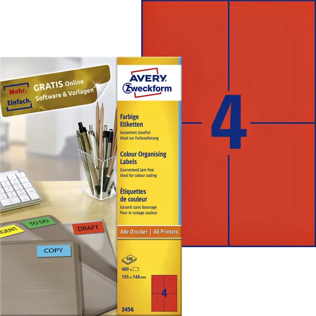 Avery Zweckform Etiket Avery 3456 105x148mm A6 rood 400 stuks