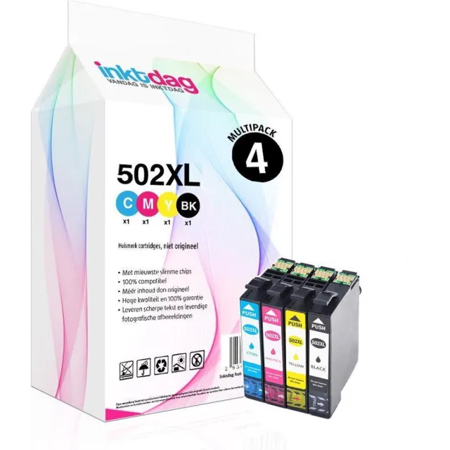 inktdag inktcartridges voor Epson 502XL, Epson 502 XL, Epson 502 multipack van 4 kleuren (1*zwart, 1*C/M/Y) geschikt voor printers Epson Expression Home XP-5100 , XP-5105, Epson WorkForce WF-2860 DWF , WF-2865 DWF
