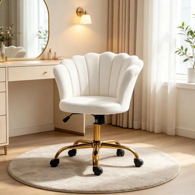 OKWISH Bureaustoel 69 x 64 x 80-90 cm - Verstelbare Zithoogte en Draaibaar met Wielen - Voor Kapsalon en Werkplek - Fluweel - Wit