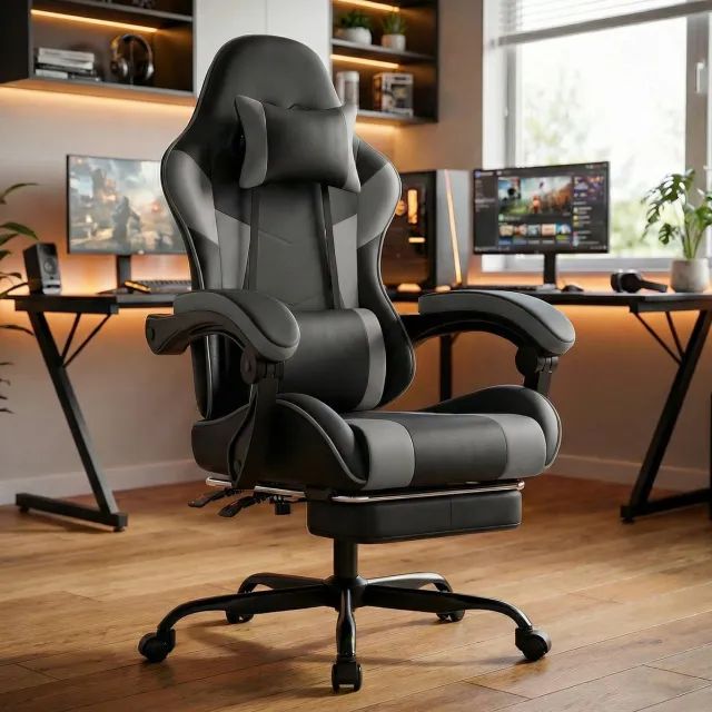 MODFU Gamingstoel - Ergonomisch - Lendensteun - Verstelbare Zithoogte - Voetsteun - Kunstleer - Zwart Grijs