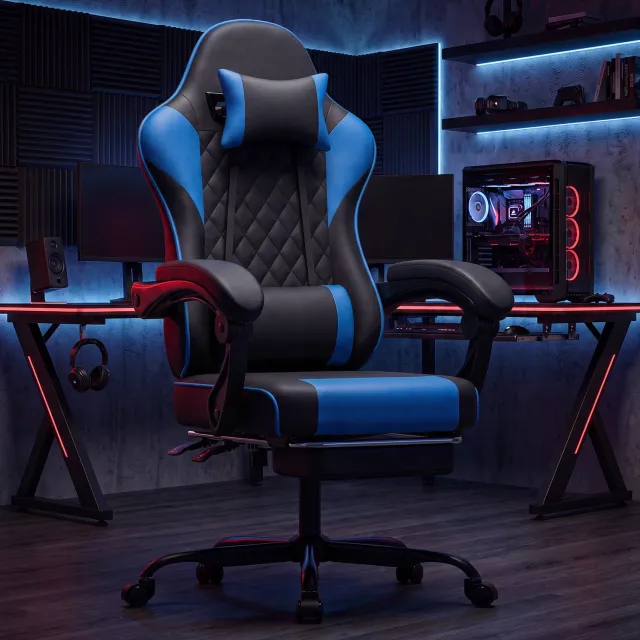 HAUSS SPOLE Gamingstoel - Verstelbare Hoofdsteun en Zithoogte - Met Lendensteun en Voetsteun - Voor Werkplek en Speelkamer - Zwart en Blauw