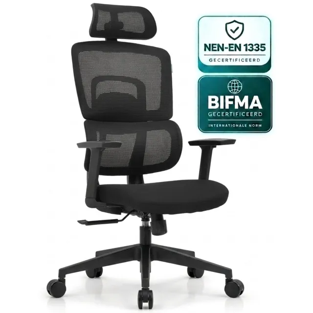 OfficeSense OS220 Ergonomische Bureaustoel - 2D Hoofdsteun - Mesh Rugleuning - Kantelbaar 3 Standen - Rubberen Wielen - 150 kg - Zwart