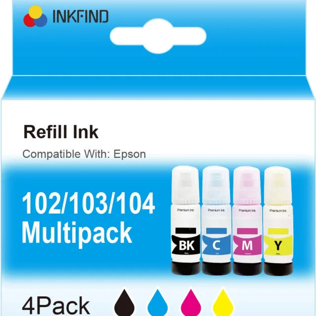 INKFIND 102 103 104 inkt geschikt voor Epson102 Epson 102 103 Epson104 Epson 104 - Zwart en kleur - Inktfles Ecotank voor Epson EcoTank ET-2710/2711/2720/2726/4700/4800 Epson Ecotank ET-2950/ET-3950/ET-4950 Epson EcoTank ET-2700/2750/3700/3750/4750 70ml Zwart x 1, 70ml Cyaan x 1, 70ml Magenta x 1, 70ml Geel x 1