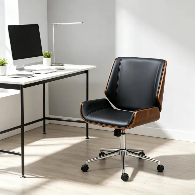 REDOM Bureaustoel - Ergonomisch - Hoogteverstelling en 360° draaibaar - Met armleuningen en wielen - Kunstleer met hout en metaal - Zwart en donkerbruin - 53 x 60 x 86-96 cm