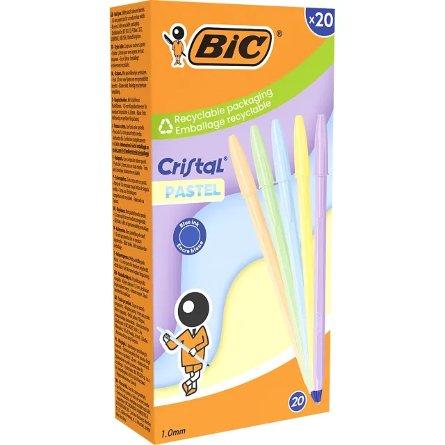 Bic balpen Cristal Medium pastel, doos van 20 stuks, assorti blauw