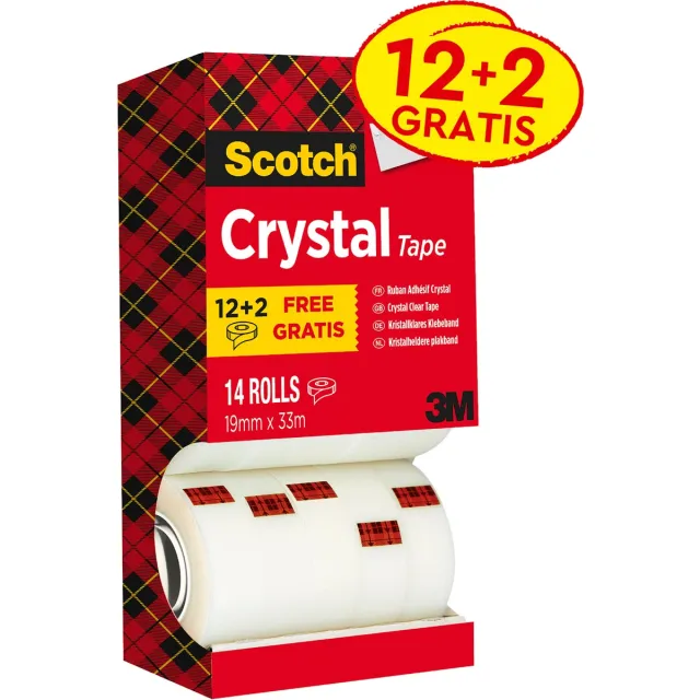 Scotch Plakband Crystal ft 19 mm x 33 m, doos met 14 rolletjes (12 + 2 gratis) geel