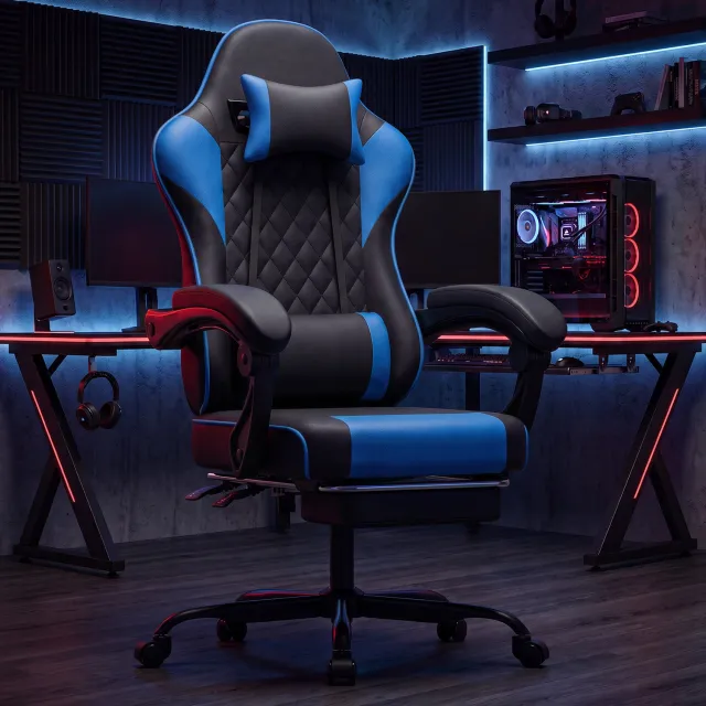 DESMIU Gamingstoel 66 cm Breed - Verstelbare Zithoogte en Voetsteun - Voor Werkkamer en Speelruimte - PVC - Zwart en Blauw