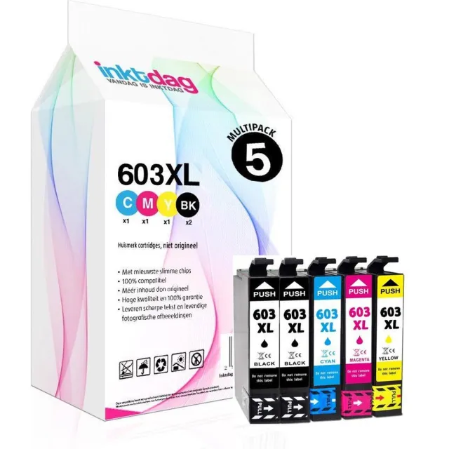 inktdag inktcartridges voor Epson 603, Epson 603XL, multipack van 5 kleuren voor Epson Expression Home XP-2105, XP-3100 ,XP-3105, XP-4100 ,XP-4105, Workforce WF-2830DWF ,WF-2835DWF ,WF-2850DWF Zwart x 2