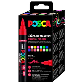 Paintmarker Uni POSCA PC-5BR brushpunt medium set à 16 kleuren