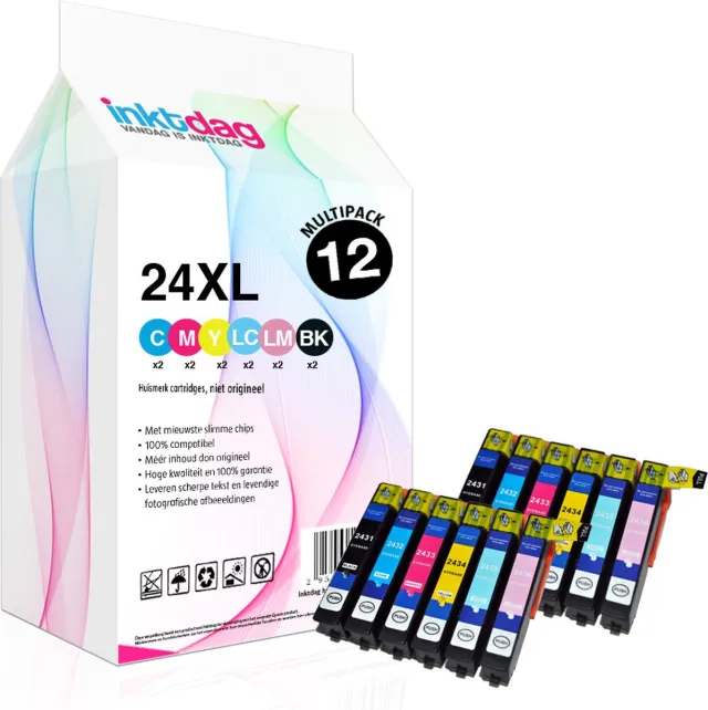 inktdag huismerk Epson 24XL multipack, 24 xl inktcartridge voor 12 packs (2* Zwart, C, M, Y, LC, LM) voor Epson Expression Photo XP850, XP750, XP950, XP55, XP860, XP760, XP960 serie 2 X Zwart (Epson T2431)